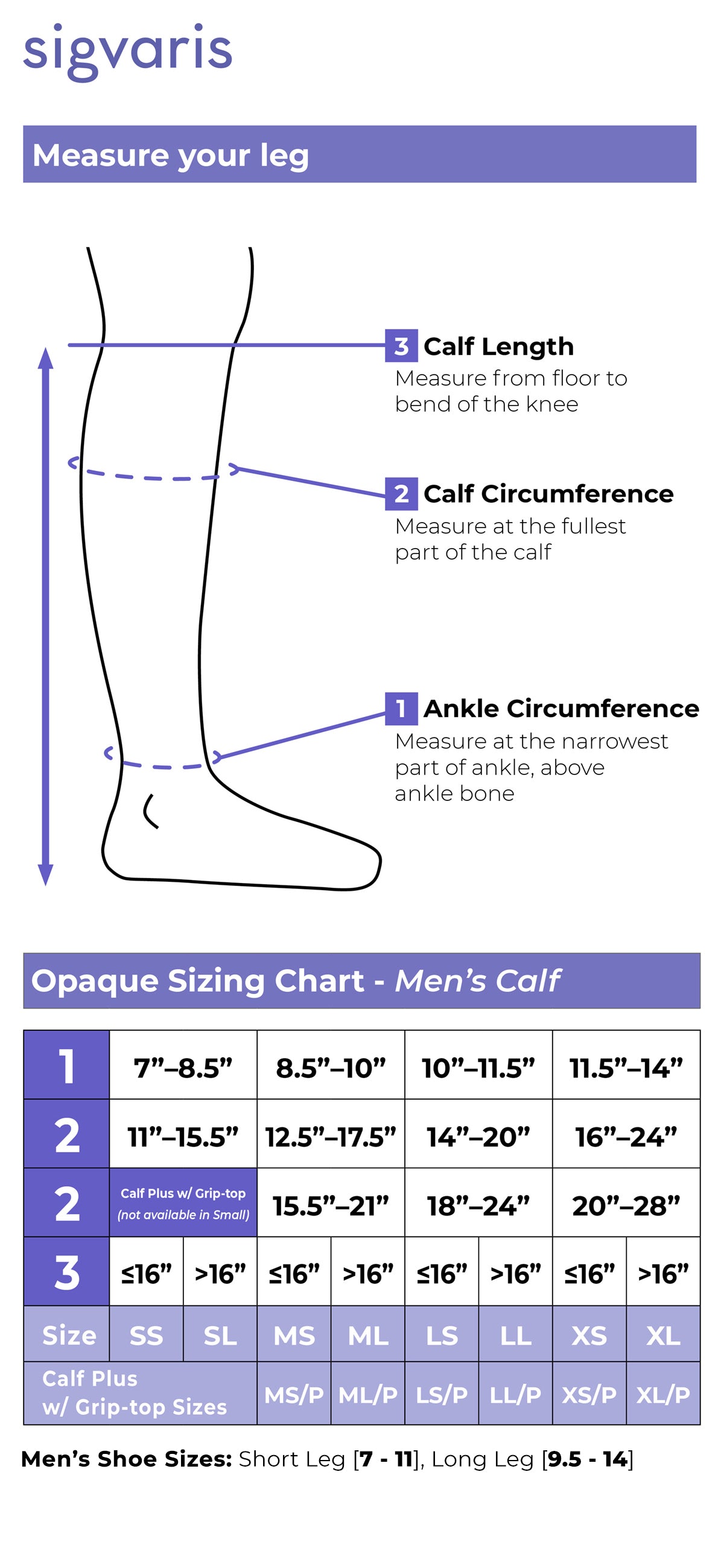 Size chart for Sigvaris Men's Essential Opaque compression stockings