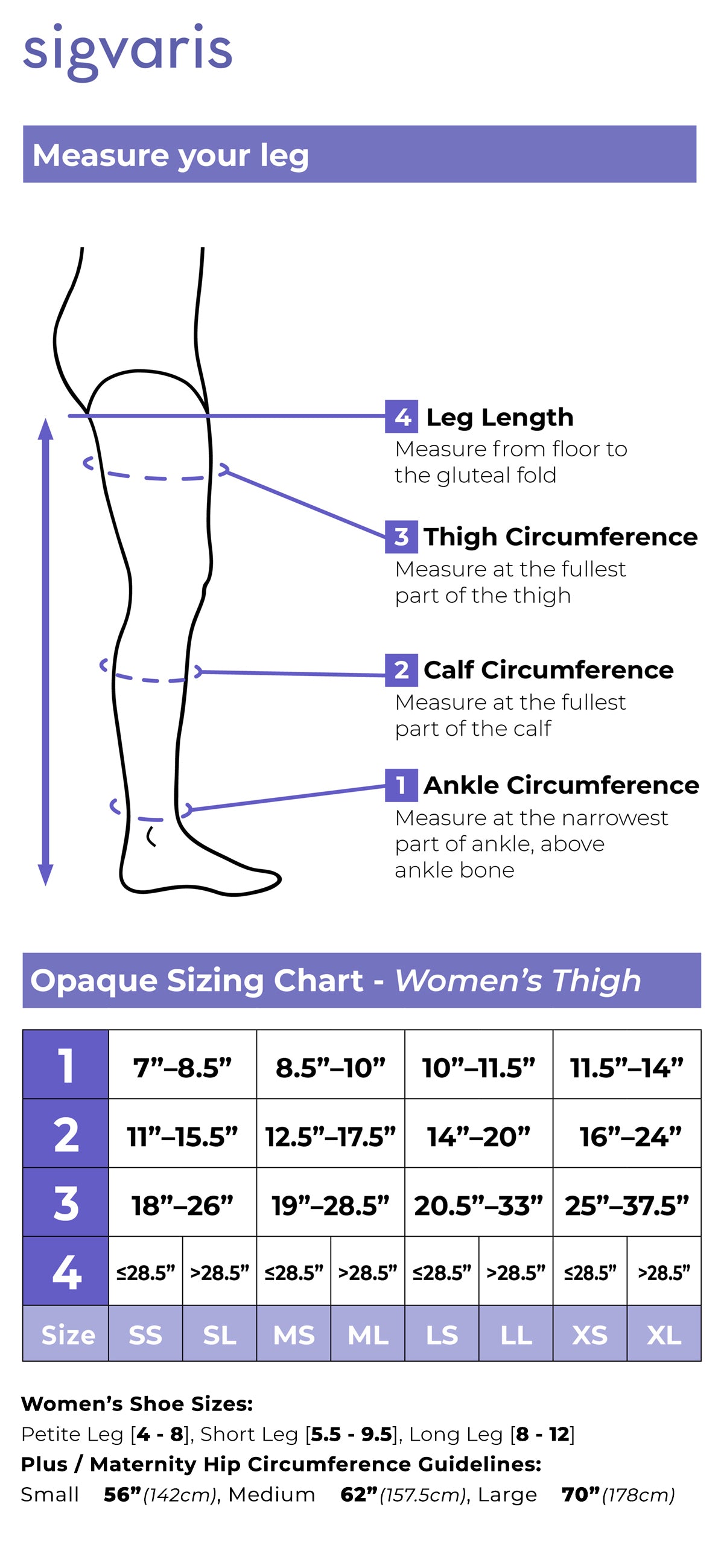 Size chart for Sigvaris Women's Essential Opaque Women's compression thigh-highs
