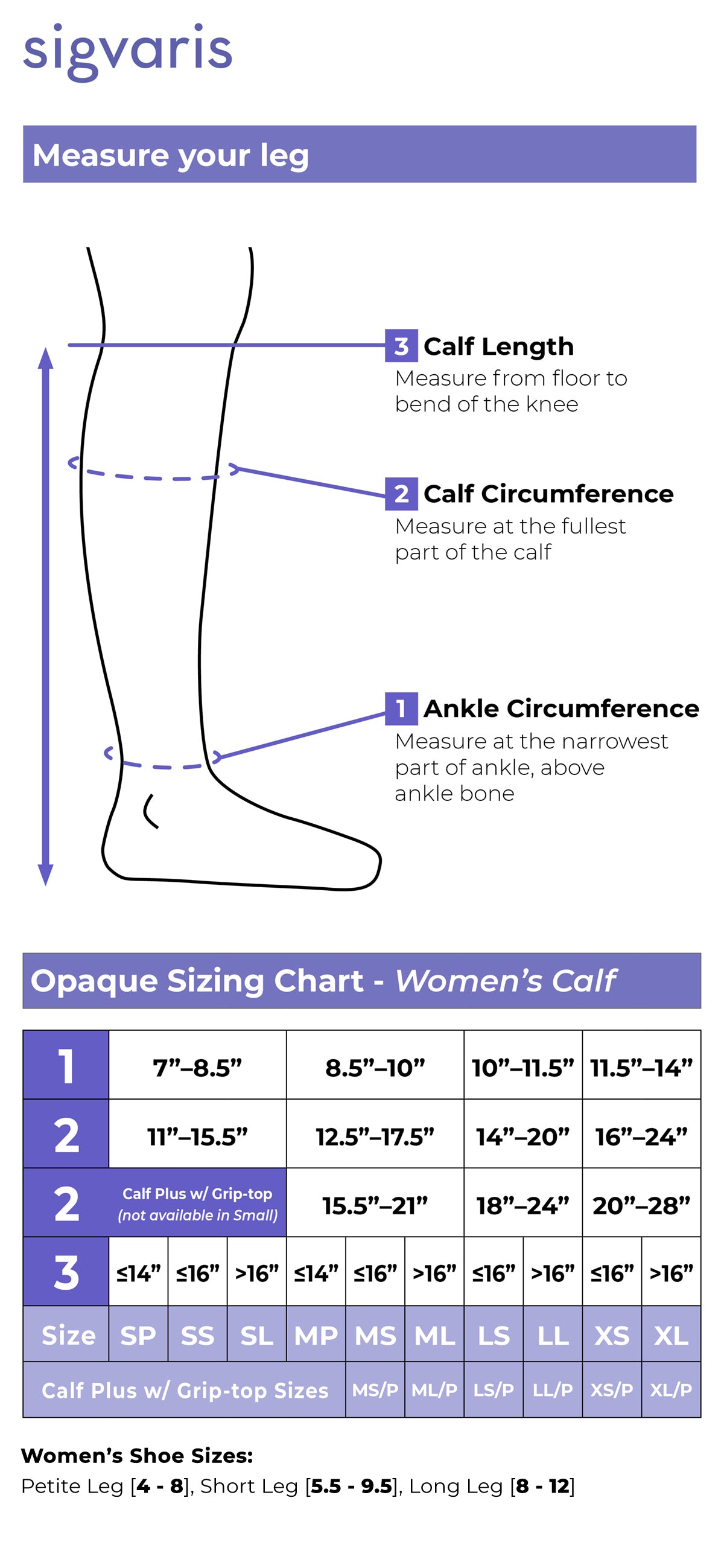 Size chart for Sigvaris Women's Essential Opaque Calf compression stockings