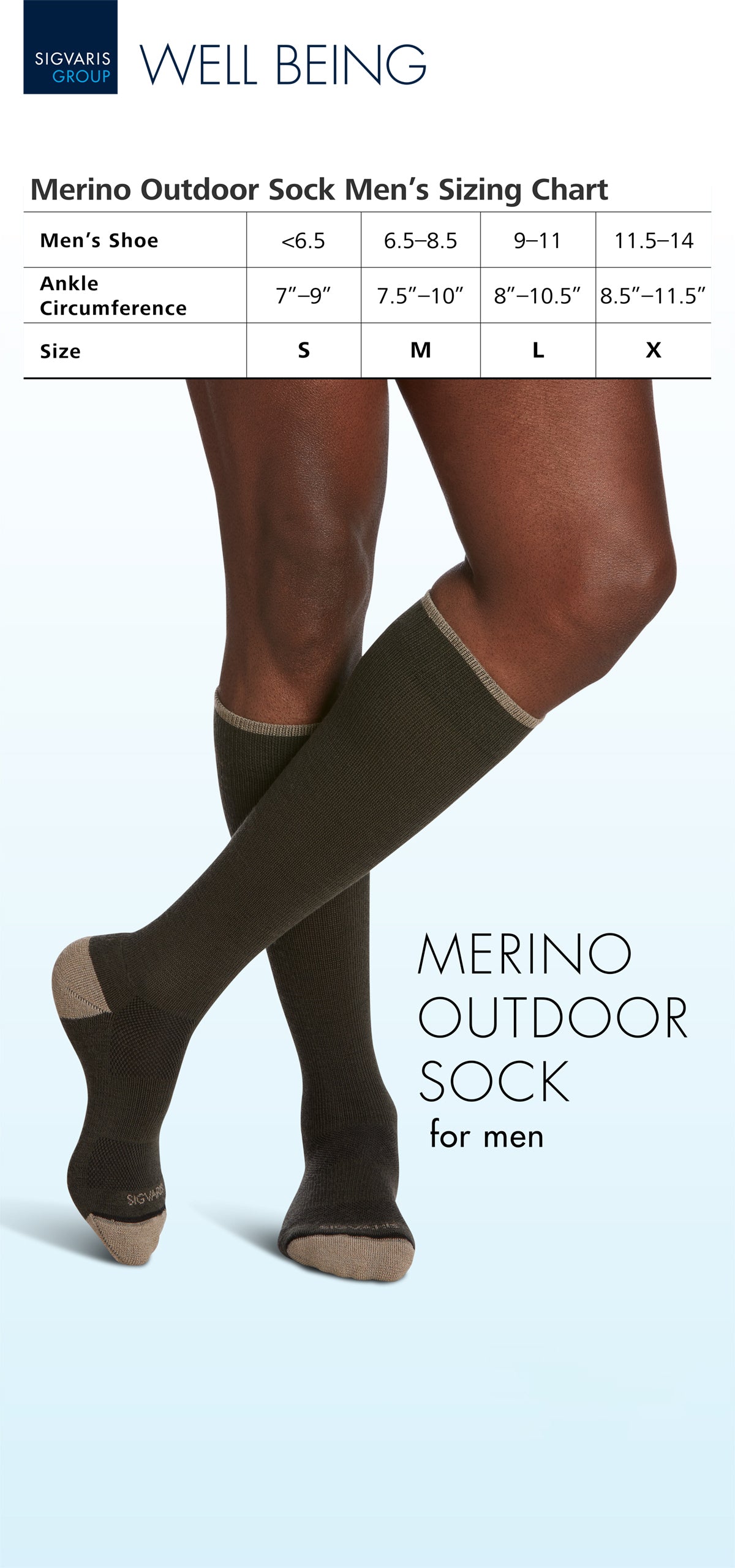 Size chart for SIGVARIS GROUP Men's Merino Outdoor compression socks