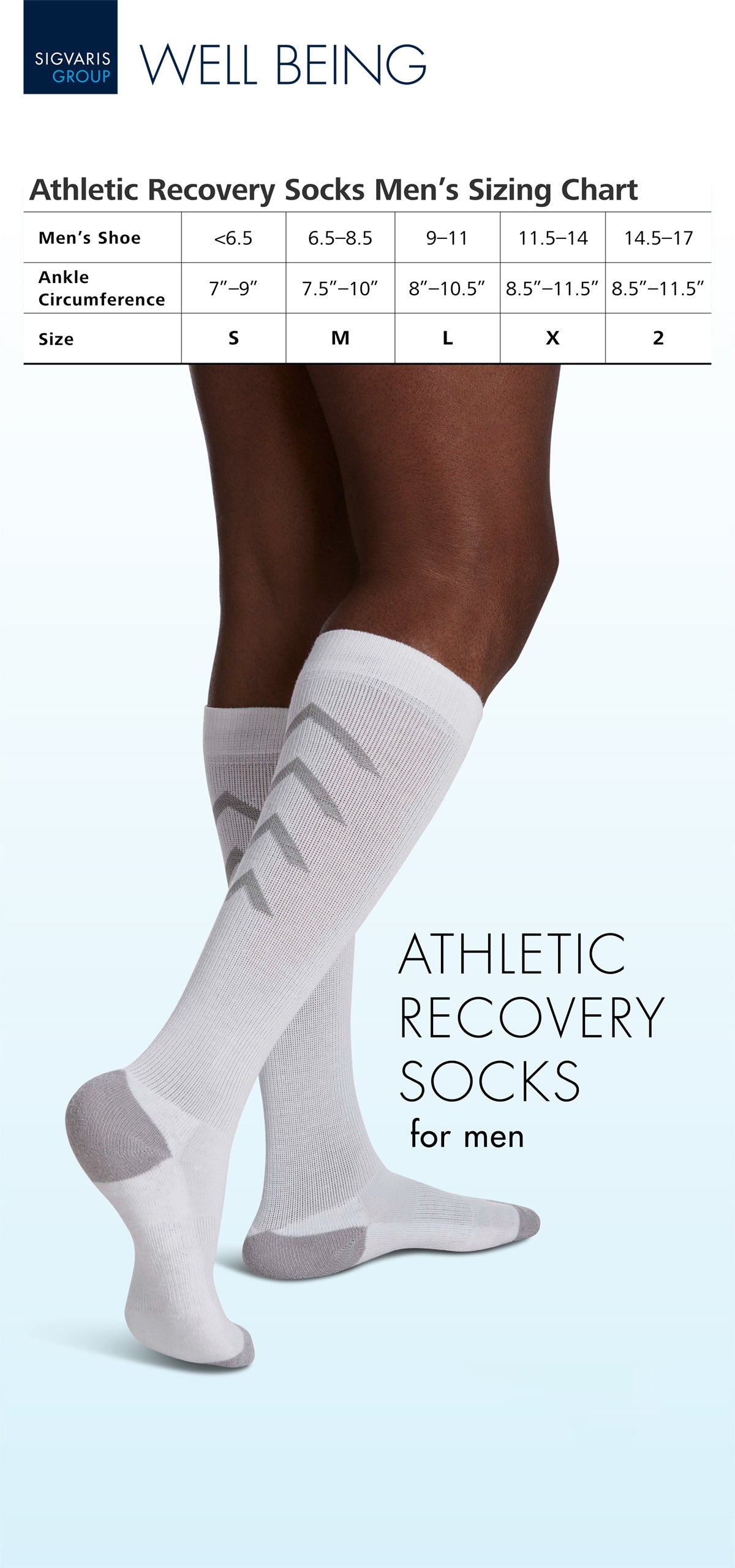 Sizing chart for Sigvaris Well-being Men's Athletic Recovery Calf socks