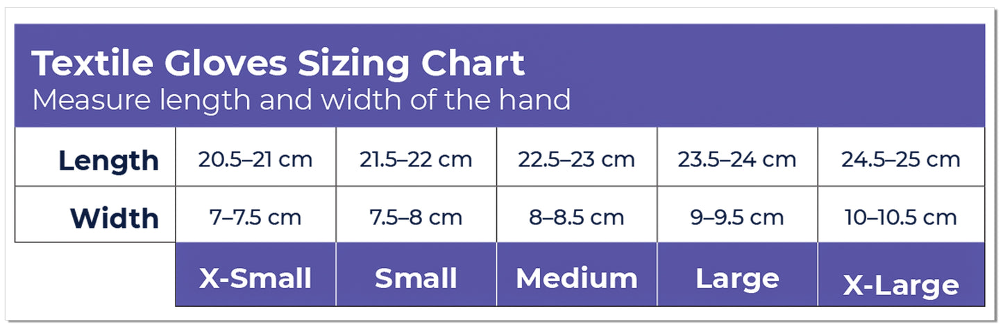 Sizing chart for Sigvaris Textile Gloves