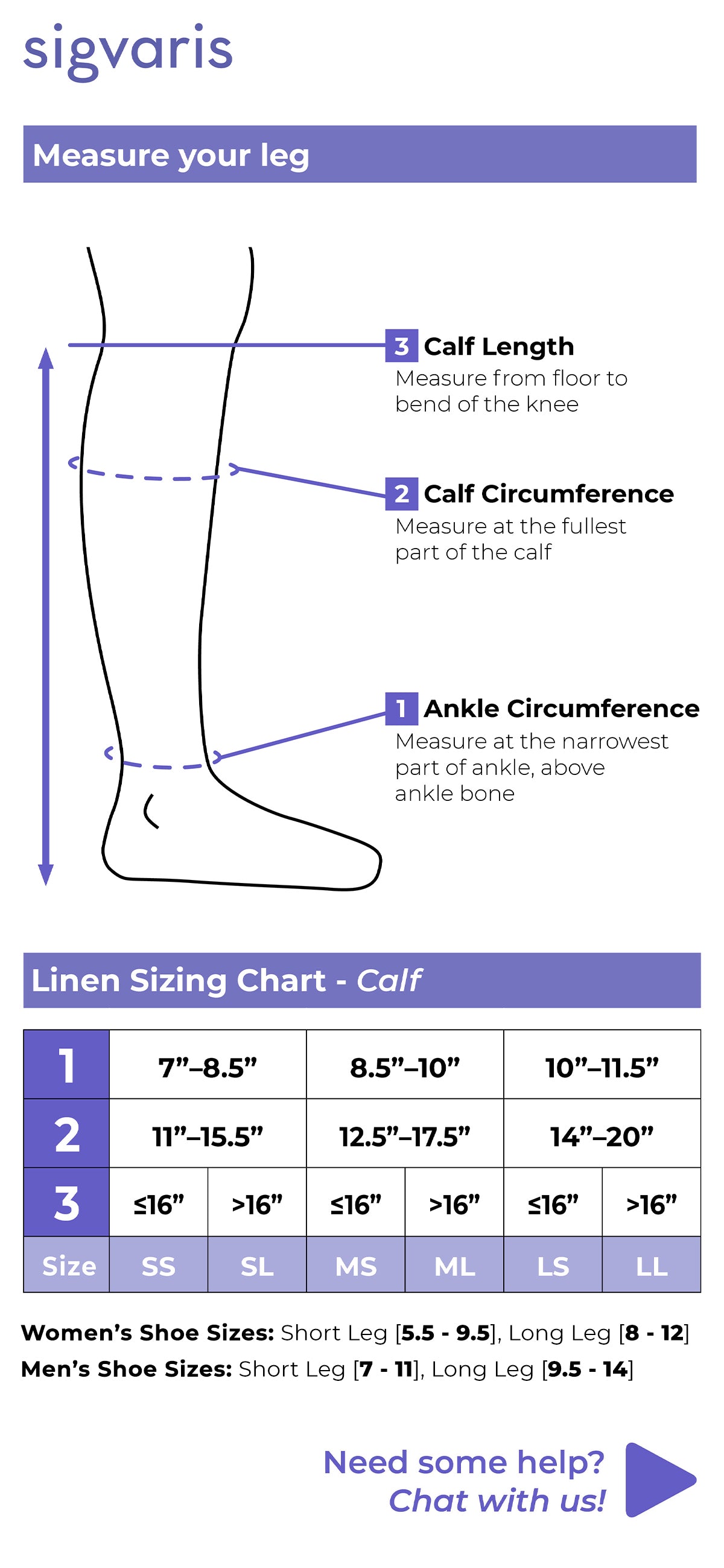 Size chart for Sigvaris Style Linen Calf compression socks
