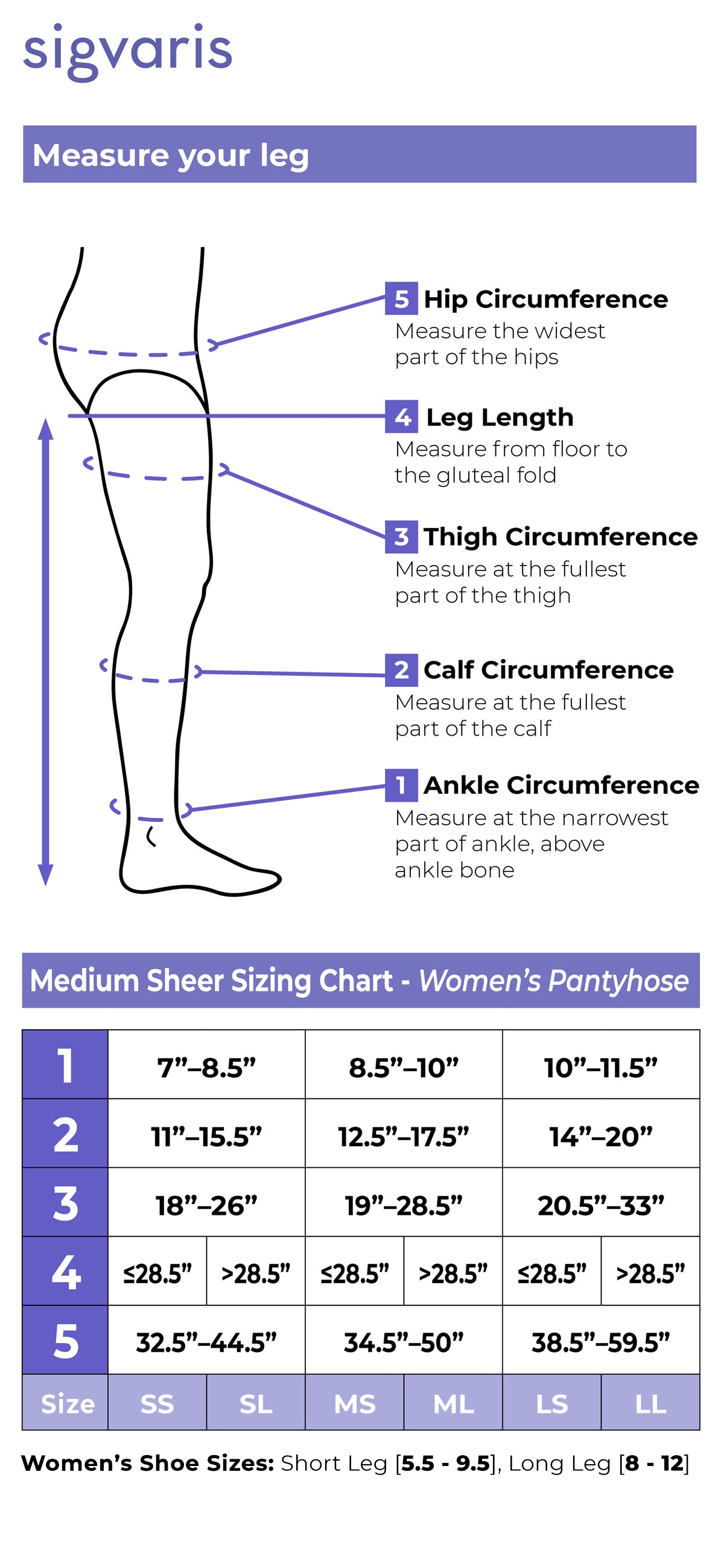 Size chart for Sigvaris Women's Style Medium Sheer women's compression pantyhose
