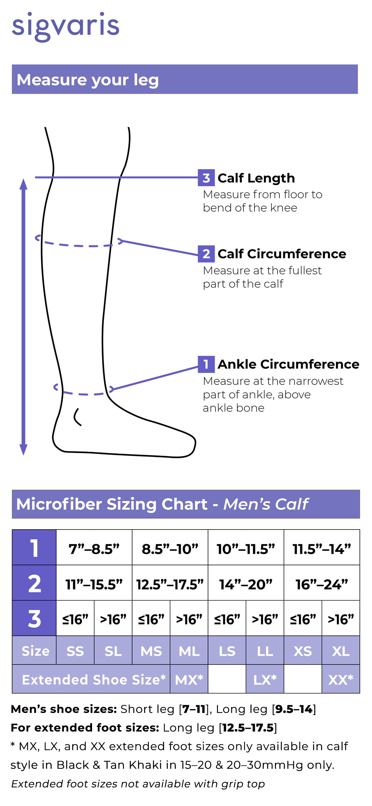 Size chart for Sigvaris Men's Style Microfiber Men's Calf compression socks