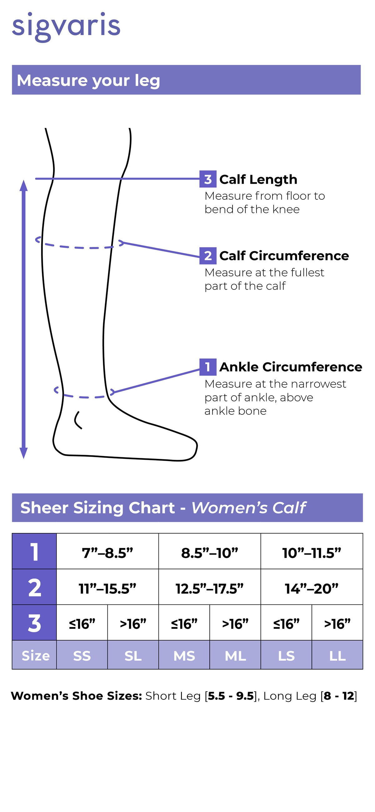 Size chart for Sigvaris Women's Style Sheer Calf compression stockings