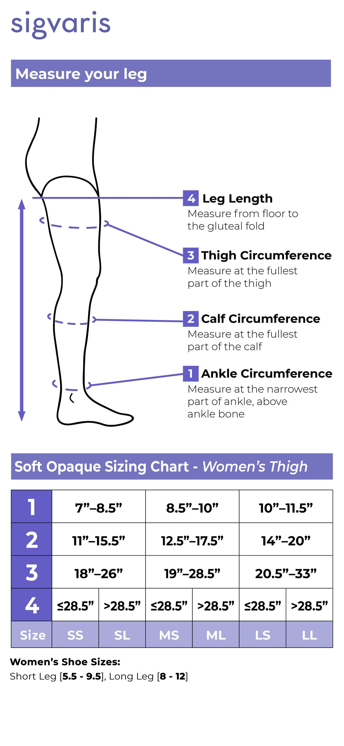 Size chart for Women's Style Soft Opaque compression thigh-highs
