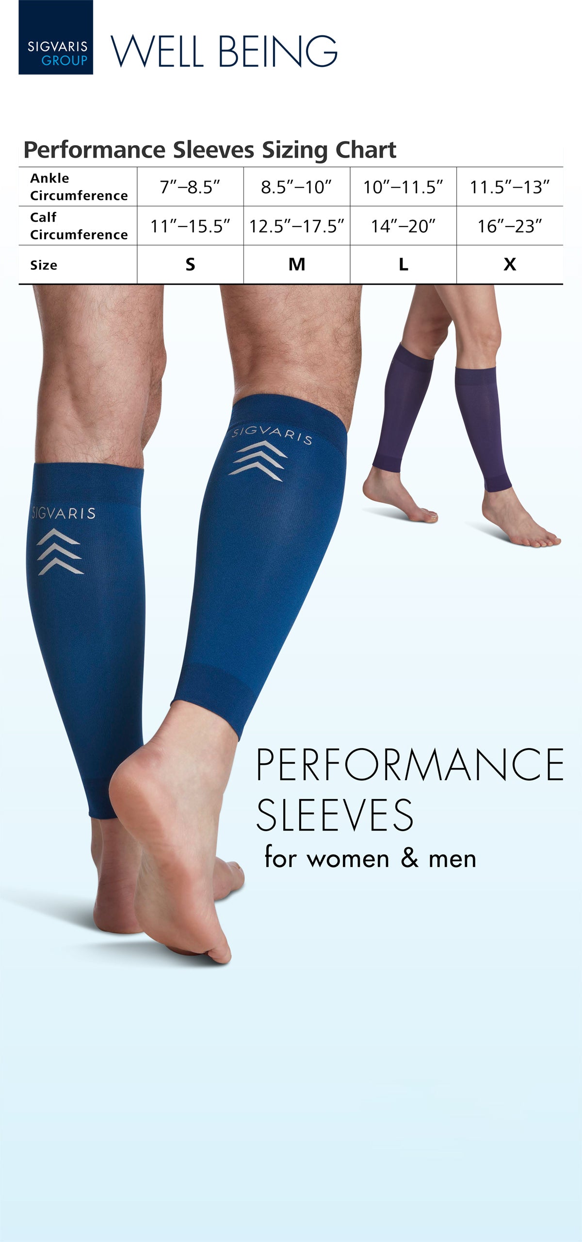 Size chart for Sigvaris Men's Performance Sleeves