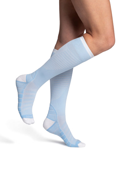Sigvaris Women's Motion Flow Tech light blue graduated compression socks on a model's legs