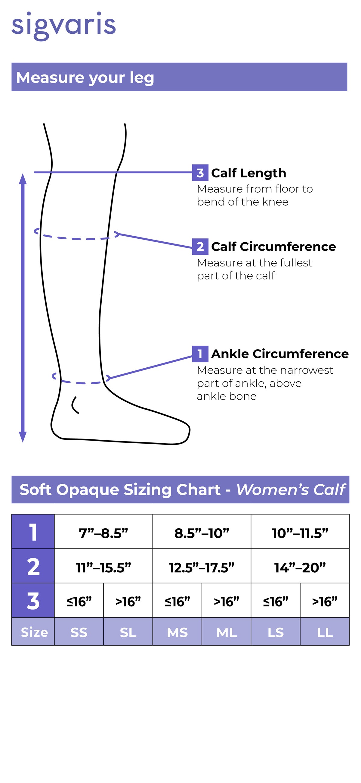 Sizing chart for Sigvaris Style Soft Opaque women's calf compression stockings