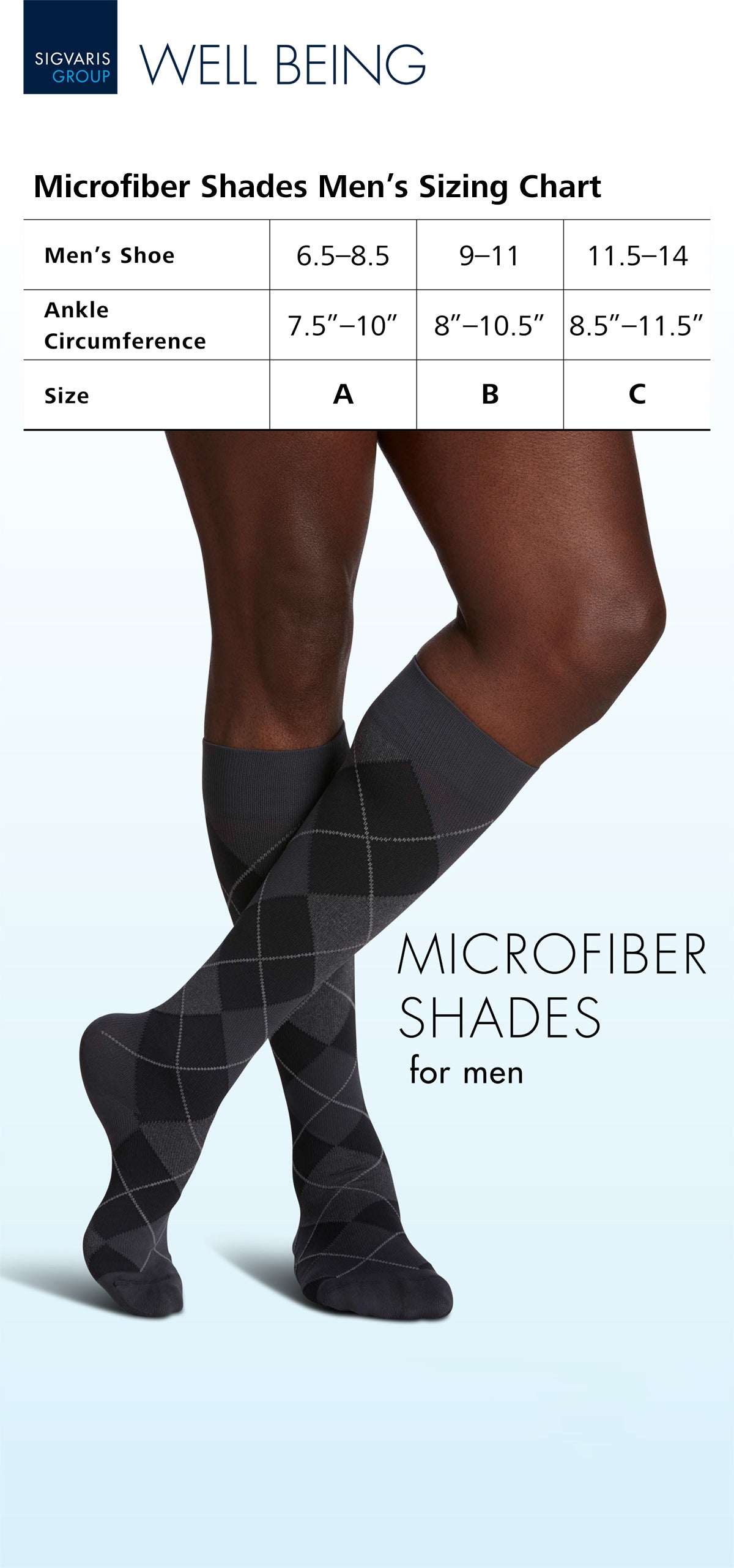 Sizing chart for Sigvaris Well-being Microfiber Shades compression socks in the color Nurse Blue for men