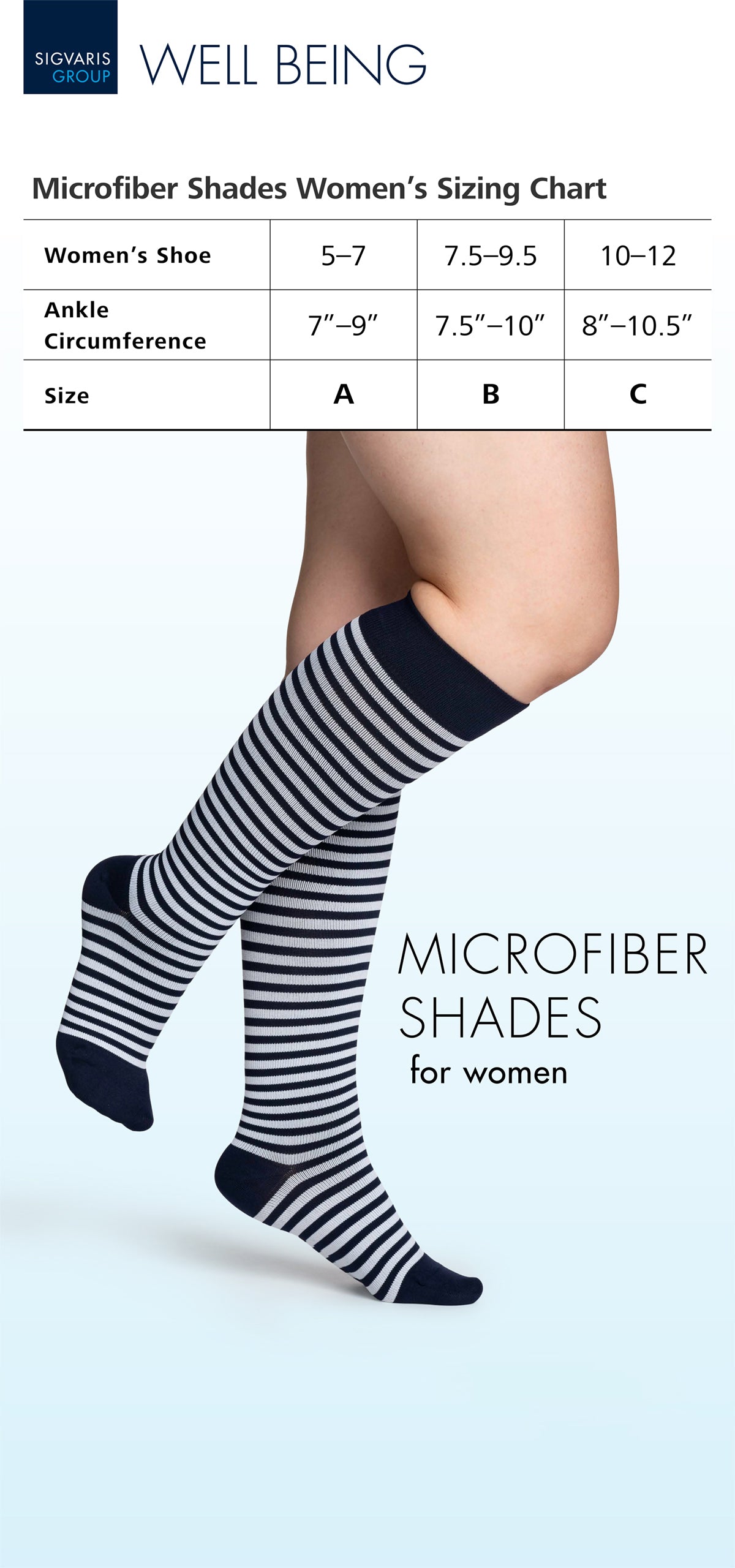 Sizing chart for Sigvaris Well-being Microfiber Shades compression socks for women