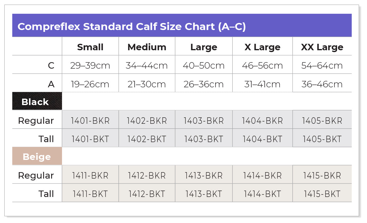 Sizing chart for Sigvaris Compreflex Standard Calf inelastic compression garment