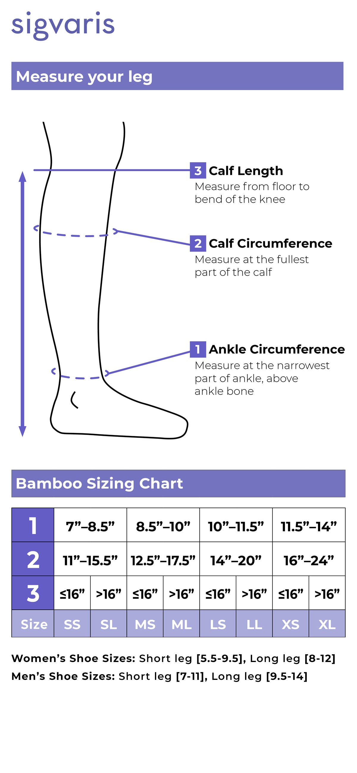 Size chart for Sigvaris Style Bamboo compression socks