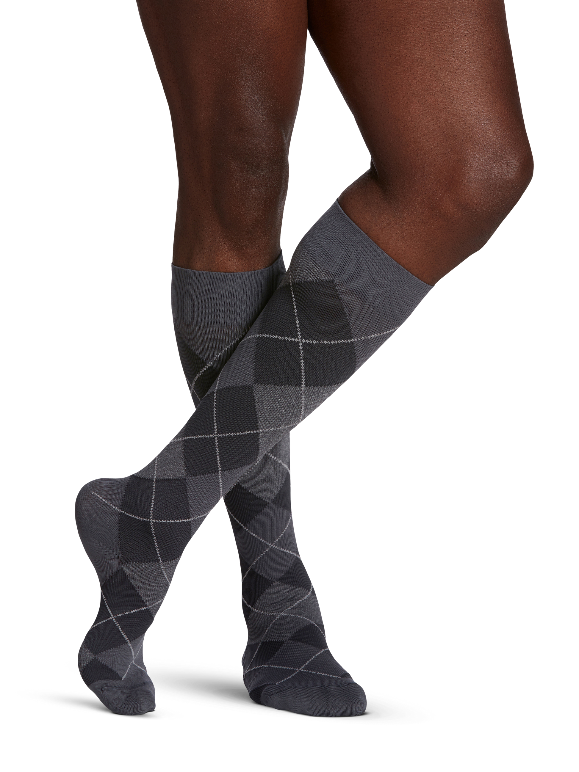 Man wearing Style Microfiber Patterns compression socks in the color Graphite Argyle