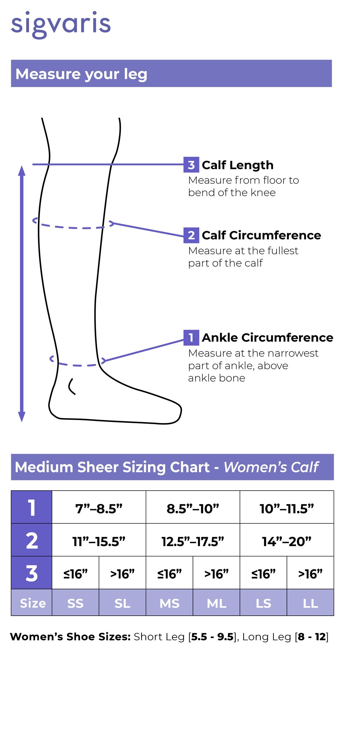 Size chart for Sigvaris Style Medium Sheer Women's Calf compression knee-highs