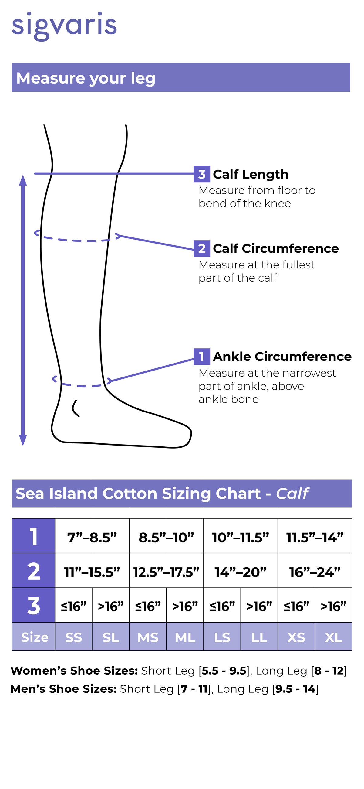 Size chart for Sigvaris Style Sea Island Cotton compression socks
