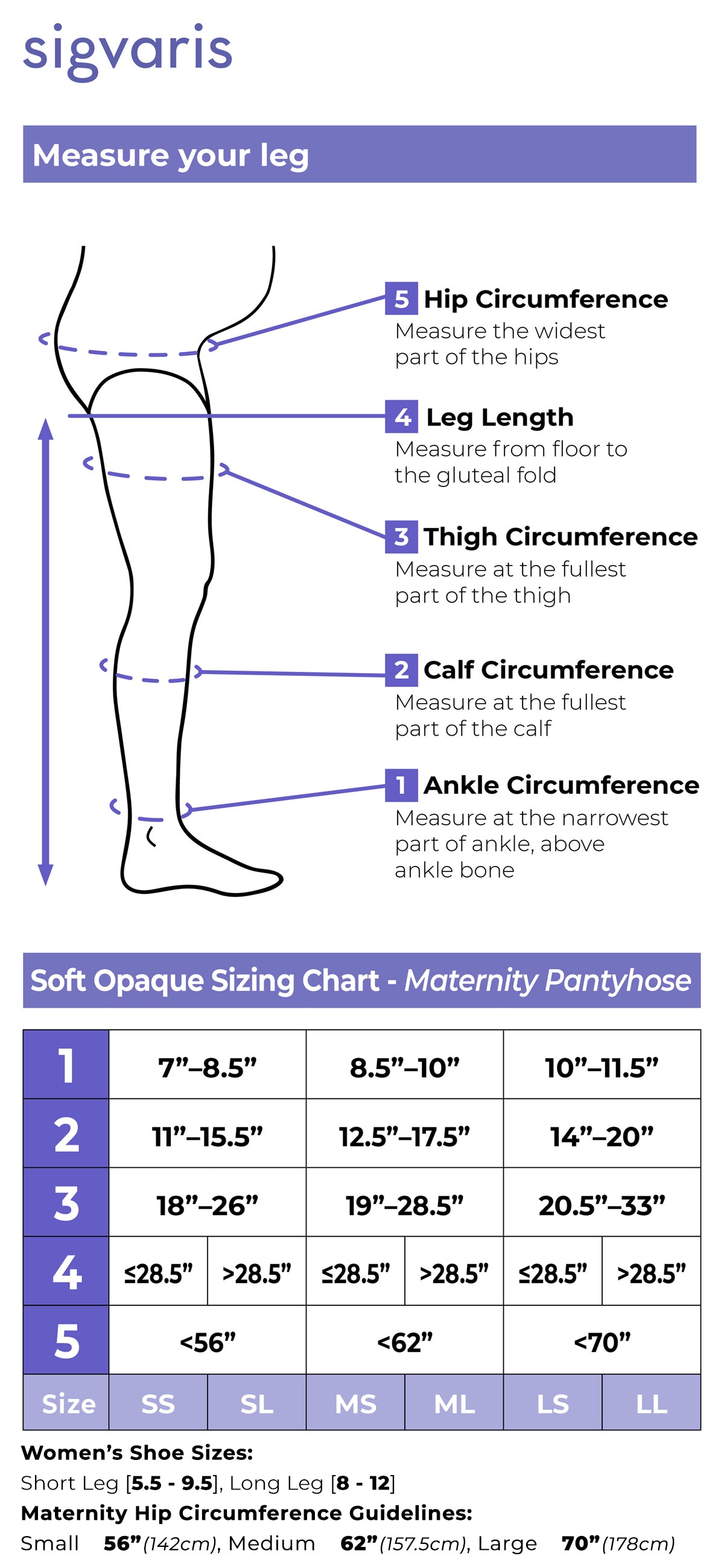 Size chart for Sigvaris Style Soft Opaque maternity compression pantyhose