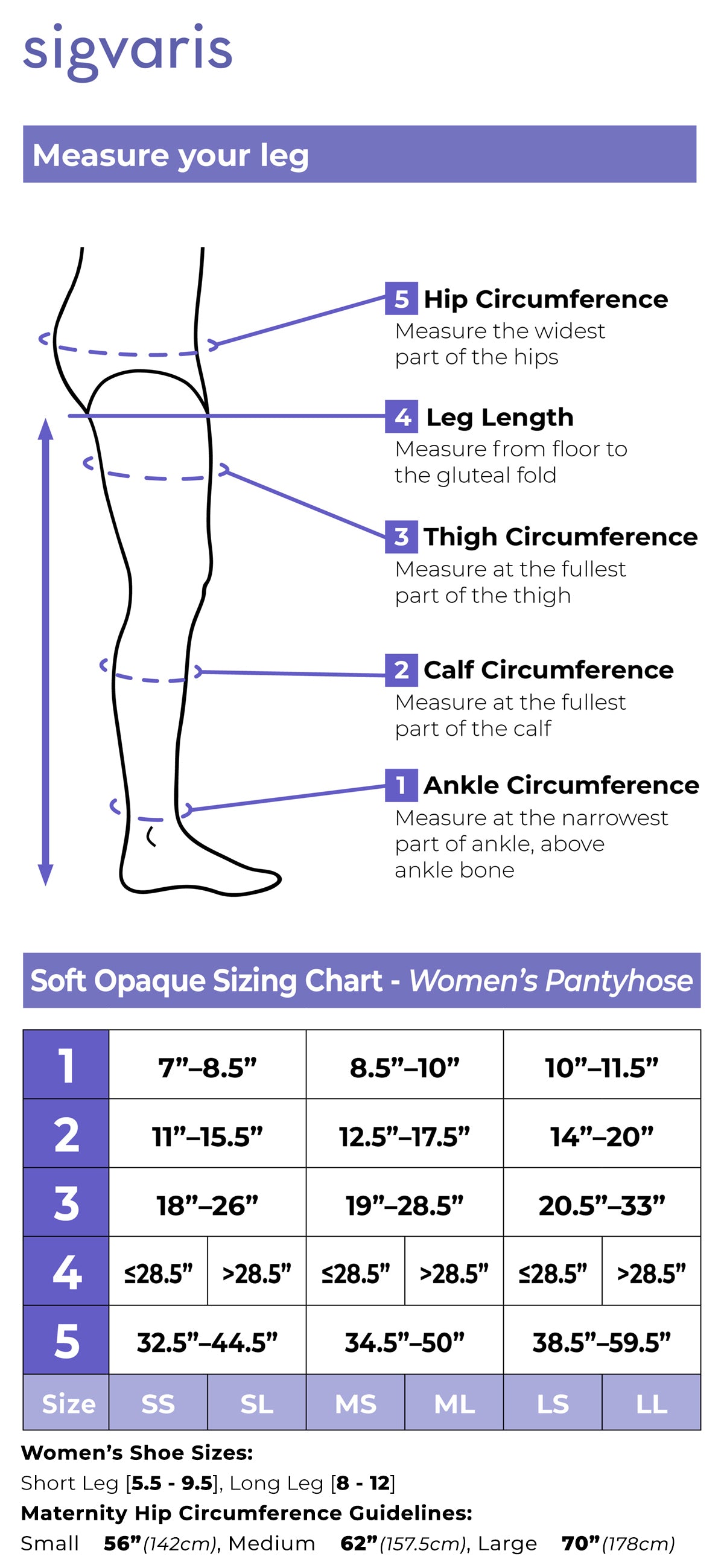 Size chart for Sigvaris Style Soft Opaque compression pantyhose