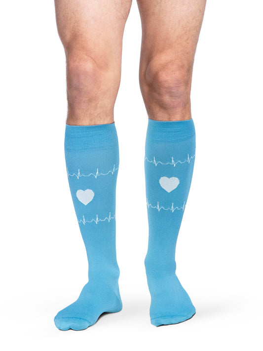 Man wearing Sigvaris Well-being Microfiber Shades compression socks in the color Nurse Blue