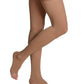 Woman wearing Sigvaris Women's Essential Opaque open-toe compression thigh-highs in the color Light Beige
