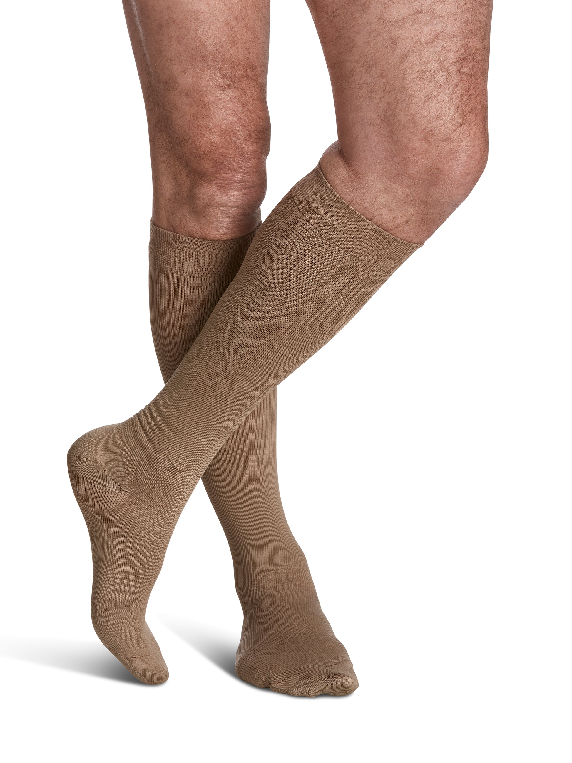 Man wearing Sigvaris Style Microfiber compression socks in the color Tan Khaki